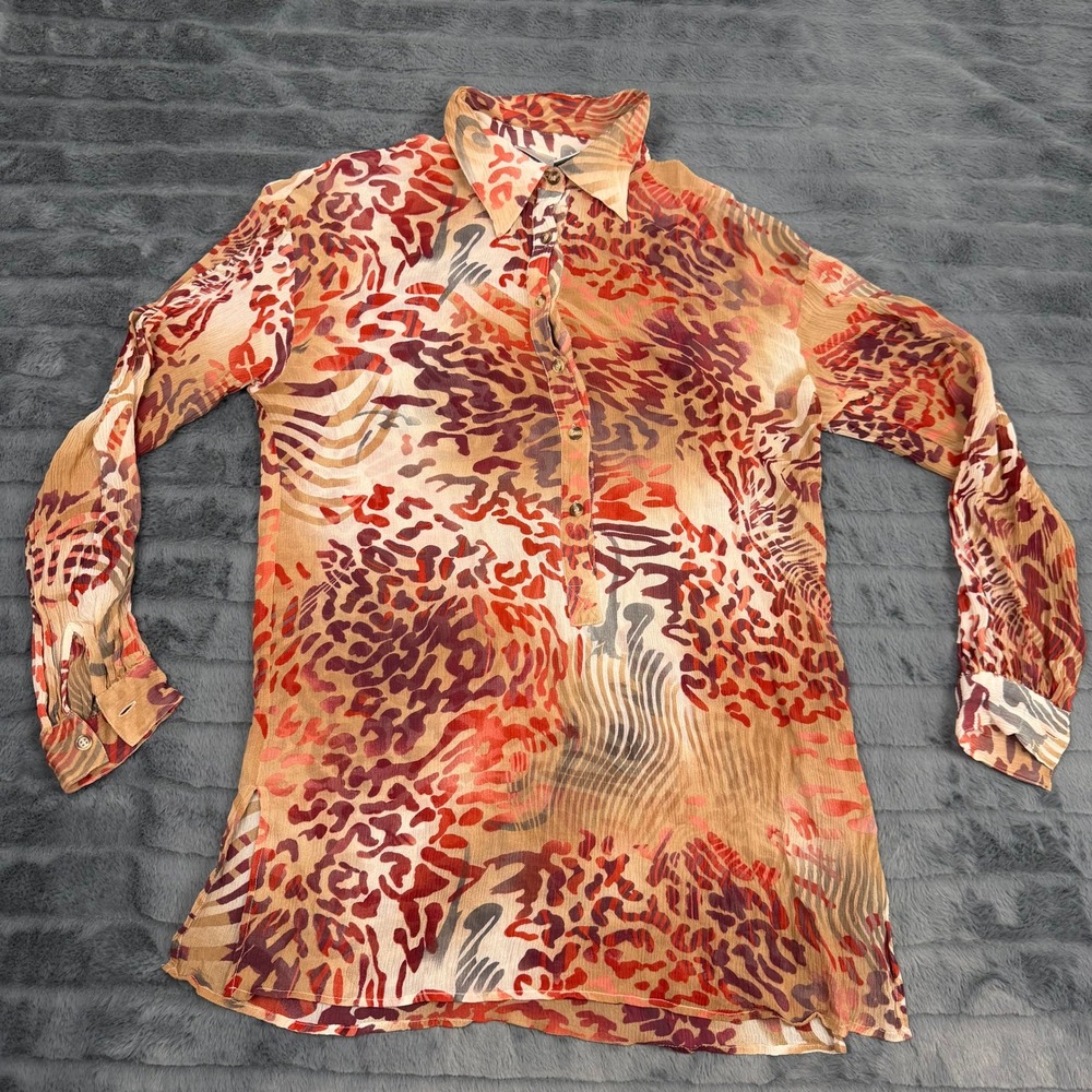 Spiegel Womens Silk Animal Print Tunic Blouse Orange Red Sheer Size 4 10355